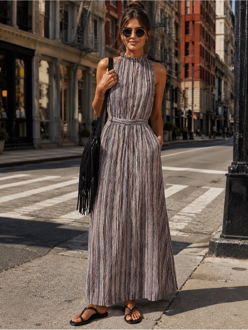Bella D. Boho Pink and Black Soft Striped Sleeveless Maxi Dress EU SZ 42